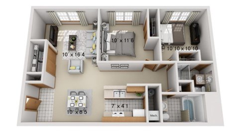 A floor plan of a small apartment with a kitchen, living room, and bathroom.